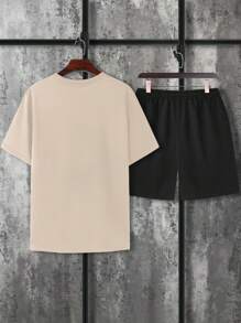 Manfinity Homme Men's Plus Size Slogan Printed Short Sleeve Round Neck T-Shirt And Shorts Set, Beach, Vacation