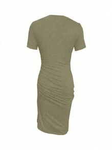 SHEIN Ladies' Short Sleeve Dress With Drawstring Waist, High Slit Hem And Ripped Details - Olive Green - View 2