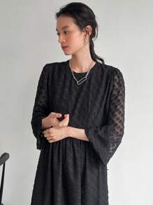 FRIFUL Vestido midi de mujer con mangas de linterna de malla y cintura ceñida, vestido largo de manga larga para otoño