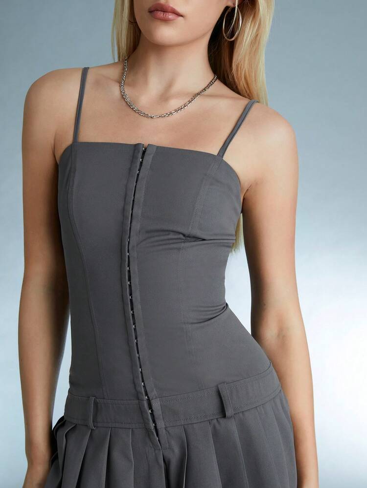 Women's Solid Color Pleated Hem Spaghetti Strap Dress