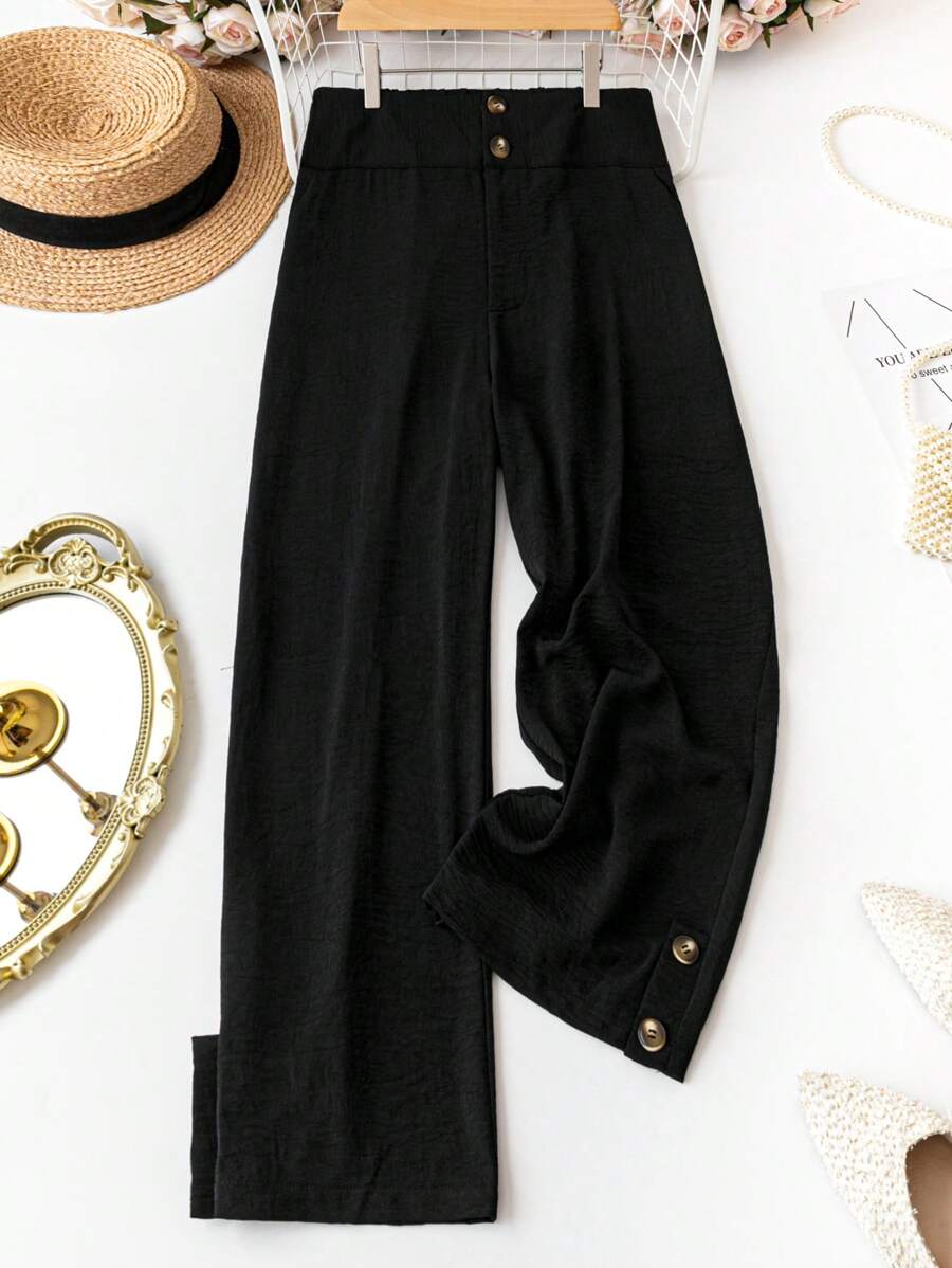 SHEIN LUNE Plus Size Solid Color Casual Button-Decoration Pants