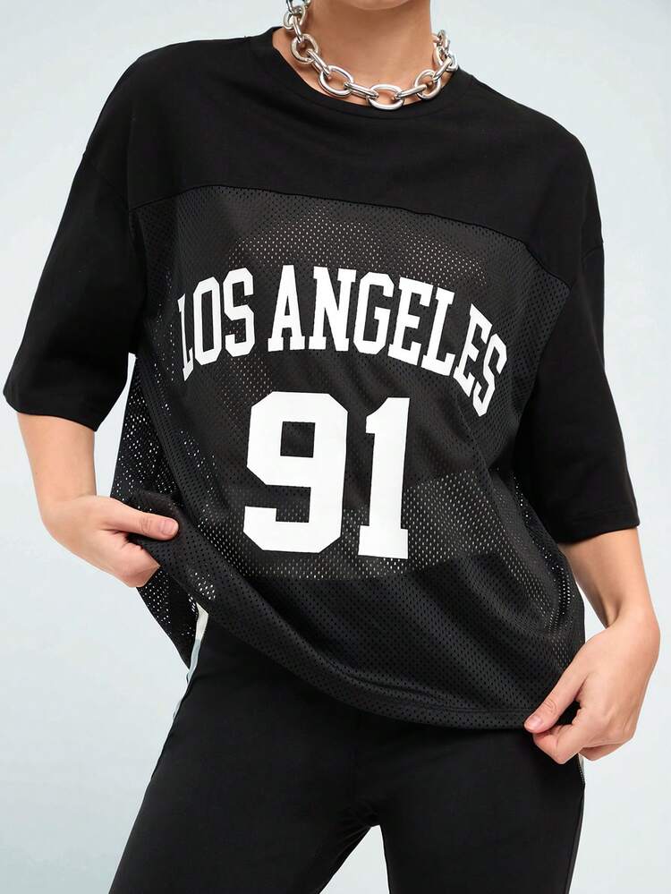Women's Mesh Spliced T-Shirt With Letter And Number Print