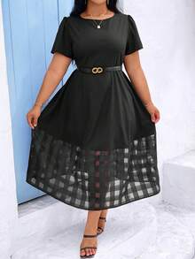 Celure 加大尺寸格紋拼接帝國腰裙 - 黑色 - 查看 4