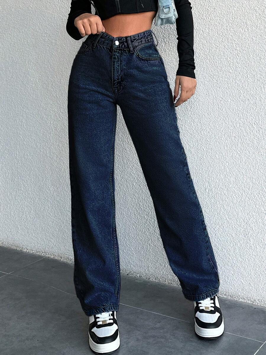 EURMUSE High Waist Relaxed Fit Straight Leg Jeans Y2k - Dark Wash - View 1
