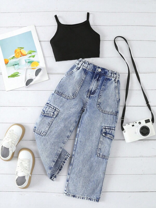 SHEIN Young Girl Solid Color Tank Top And Denim Cargo Pants Two Pieces Set
