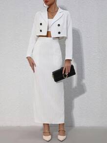 Chiquease Striped Short Lapel Suit Jacket And Strapless Top And Split Hem Skirt Set - Black and White - View 1