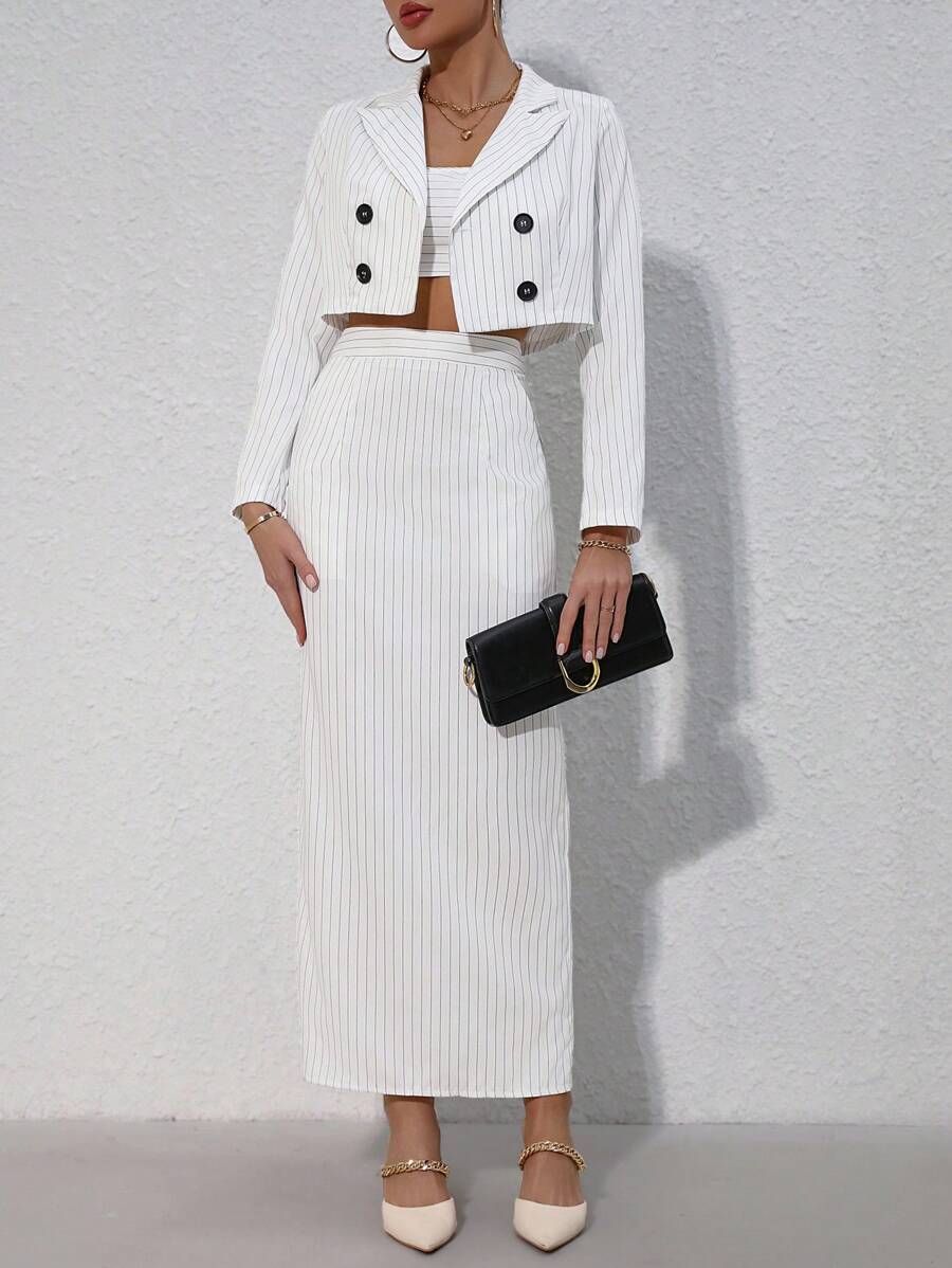 Chiquease Striped Short Lapel Suit Jacket And Strapless Top And Split Hem Skirt Set - Black and White - View 1