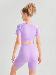 SHEIN 青少女紫色短袖上衣和短褲運動健身套裝 - 紫色 - 查看 2