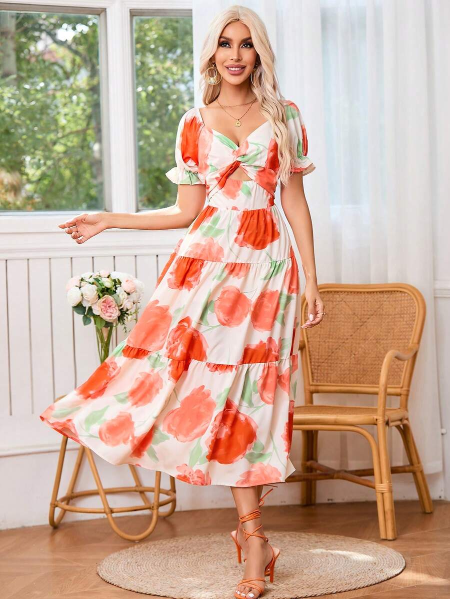 SHEIN VCAY Hoa In Ngắn tay Xoắn Nút & Pha lê Trang trí Đường viền cổ áo Đầm - Nhiều màu - Xem 1