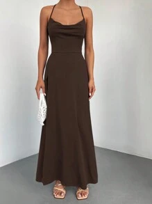 EURMUSE Của phụ nữ Áo cổ bò Cái nĩa cao Hem Váy Dây - màu nâu - Xem 3