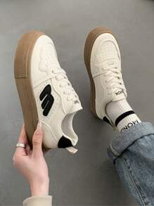 Hatastic 女士黑白拼接学生平底运动鞋，2024春秋新款时尚百搭休闲运动鞋圣诞礼物 - 黑色 - 查看 9