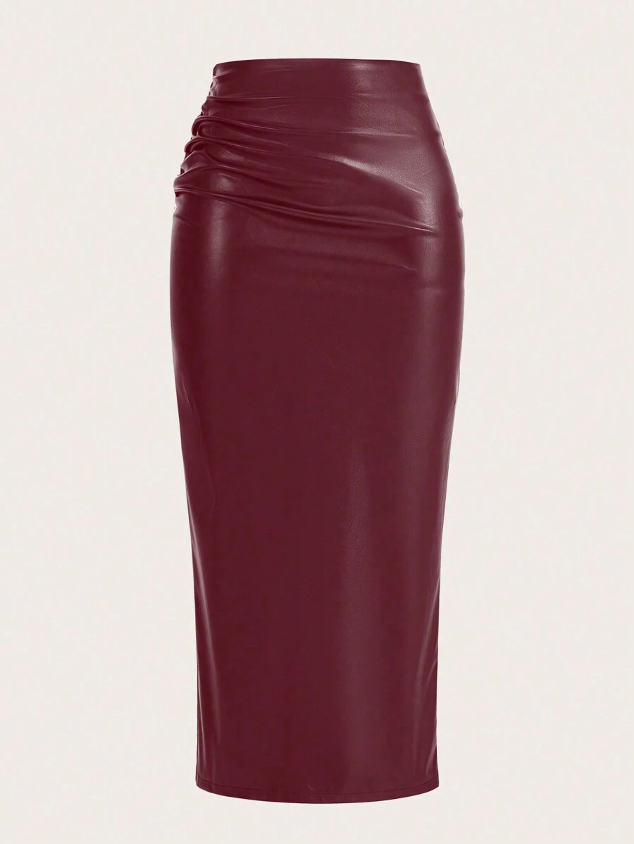 GlowEve Solid Color Pleated Back Zipper Slit Skirt Burgundy Maxi Women Outfit