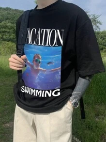 DAZY Men's Summer T-Shirt With Character & Letter Print,Fall Clothes - Black - View 4