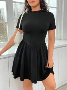 SHEIN EZwear Của phụ nữ Kích thước lớn Màu thuần A-line Ngắn tay Đầm - màu đen - Xem 4