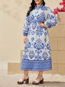 Seusyu Kích thước lớn Của phụ nữ In hoa Tay áo dài Áo sơ mi Đối với Tiếng  Ả Rập Quần áo - Xanh và trắng - Xem 4