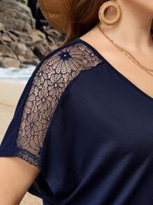 EMERY ROSE Camiseta de talla grande para mujer con cuello en V, manga raglán corta y parche de encaje