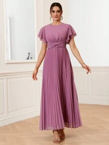 SHEIN Belle Solid Color Elegant Pleated Twisted Knot Ruffle Sleeve Bridesmaid Dress