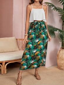 SHEIN VCAY 單色休閒背心上衣和熱帶印花分裙