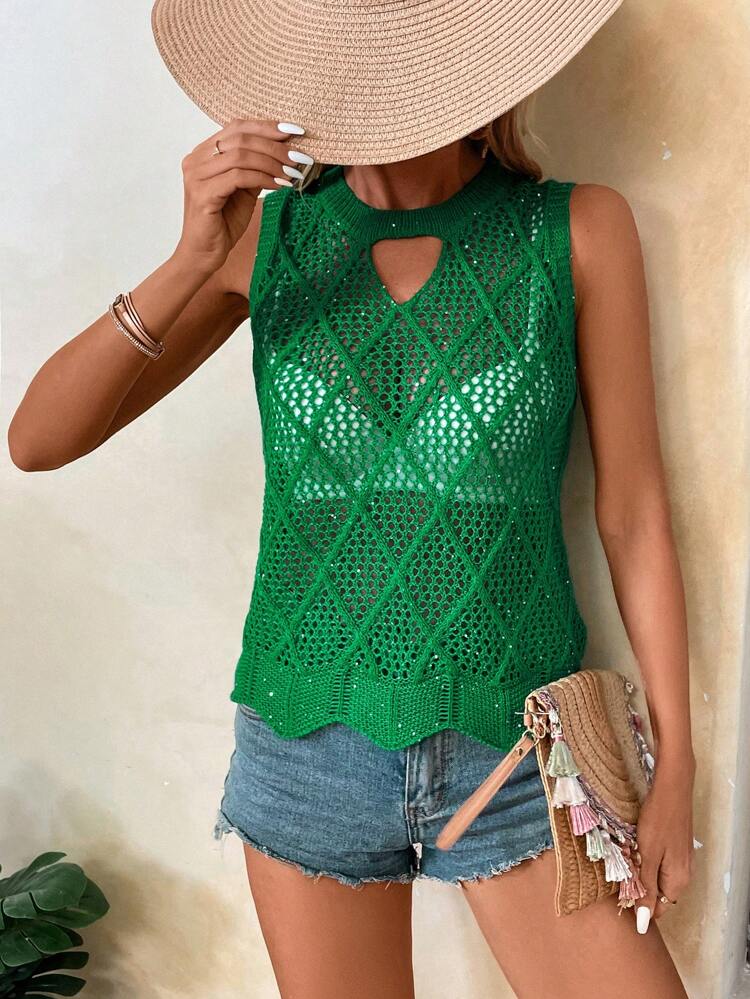 Solid Color Knitted Round Neck Sweater Vest With Hollow Out Design