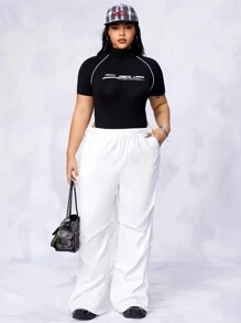 SHEIN EZwear 大碼字母圖案拼接滾邊插肩袖連體衣