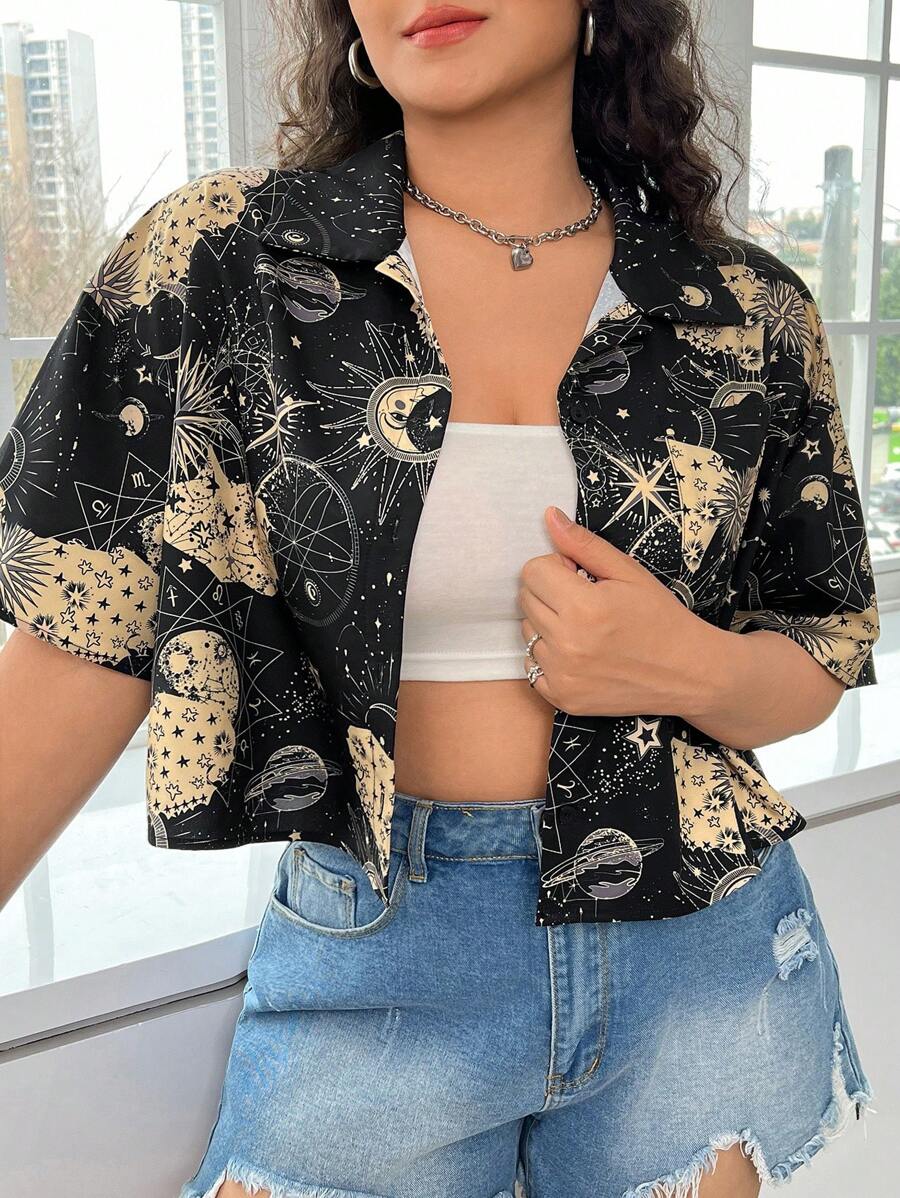 SHEIN EZwear Plus Size Moon And Stars Pattern Drop Shoulder Shirt - Multicolor - View 1