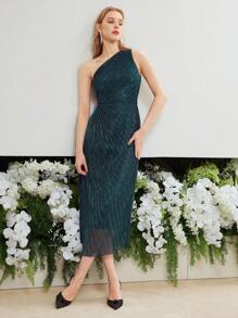 MOTF PREMIUM Vestido Plisado De Un Hombro - Azul - Ver 3