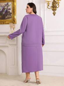 Modelyn Plus Size Solid Color Single Button Blazer And Slit Hem Dress Set - Purple - View 2