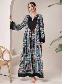 Al Najma Women's Loose Fit Printed Notched Collar Dress With Flared Sleeves, Modest Full Length Casual Jalabiya - Multicolor - View 10