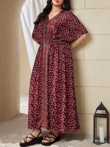 Mulvari Burgundy Red Plus Size Women's Floral Print Batwing Sleeve Dress - Burgundy - View 3
