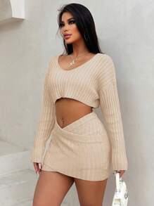 Zolique Women's Cropped Drop Shoulder Long Sleeve Sweater & Knitted Skirt Set Fall Cloth For Women - Apricot - View 3