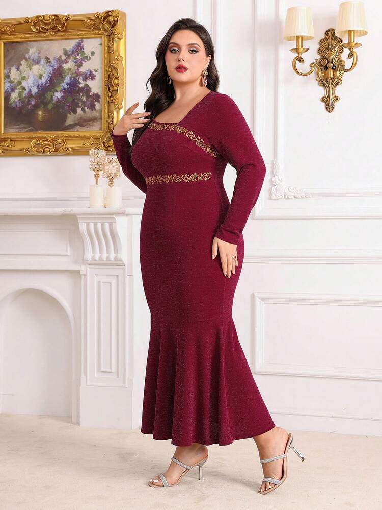 Burgundy Red Plus Size Floral Embroidery Mermaid Hem Dress