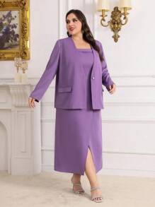 Modelyn Plus Size Solid Color Single Button Blazer And Slit Hem Dress Set - Purple - View 4