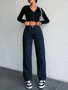 EURMUSE High Waist Relaxed Fit Straight Leg Jeans Y2k - Dark Wash - View 3