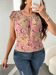 Celure 大码夏季浪漫假期花卉印花圆领花瓣袖衬衫 - 粉色 - 查看 5