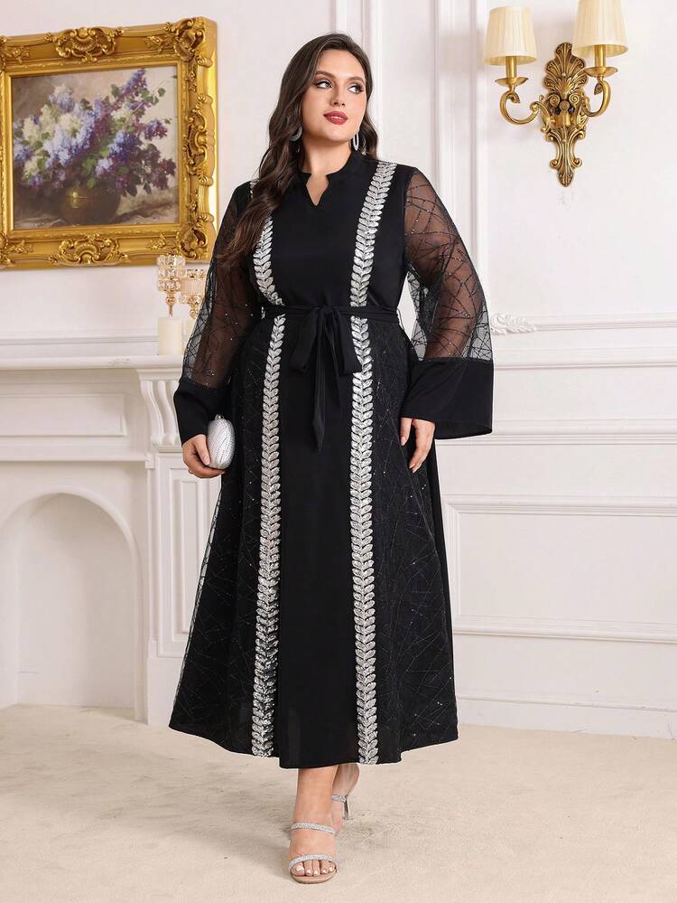 Plus Size Mesh Contrast Dress With Ribbon And Cutout Neckline
