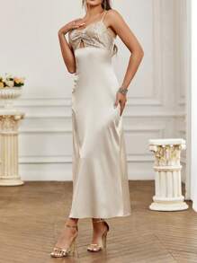 SHEIN Belle Bridesmaid Cami Dress With Splicing Sparkly & Hollow Out Design, Sleeveless - White - View 5