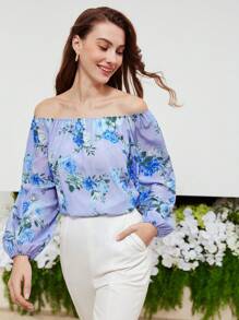 MOTF PREMIUM Blouse De Seda Con Estampado Floral De Manga De Linterna Y Con Hombros Descubiertos