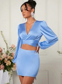 L'Amorae Wrap Cross Tie Top & Skirt Satin Two Pieces Set - Blue - View 3