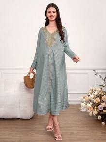 SHEIN Maternity Loose V-Neck Geometric Print Patchwork Water-Soluble Lace Dress - Multicolor - View 1