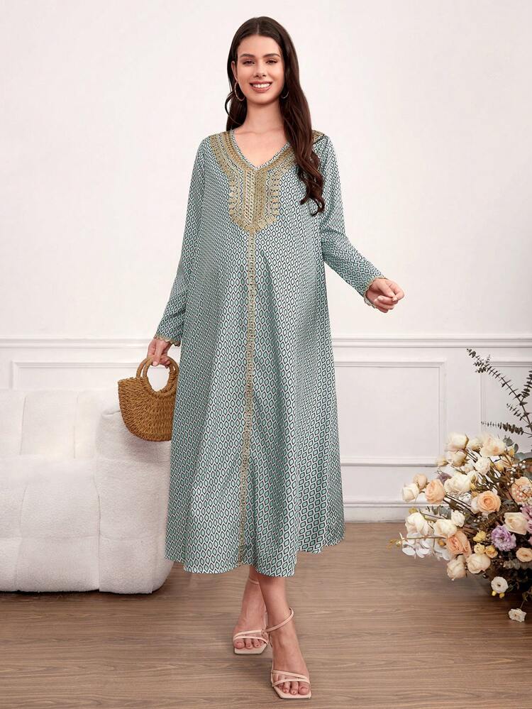 Maternity Loose V-Neck Geometric Print Patchwork Water-Soluble Lace Dress