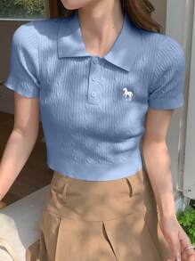 DAZY 女用動物刺繡polo領短袖針織上衣 - 藍色 - 查看 3