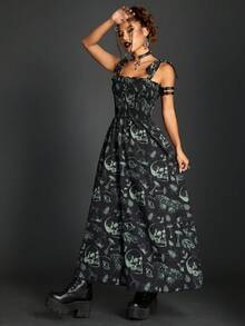 Women's Gothic Vintage Dark Printed Shirred Dress With Twist Knot Shoulder Straps - Multicolor - View 3