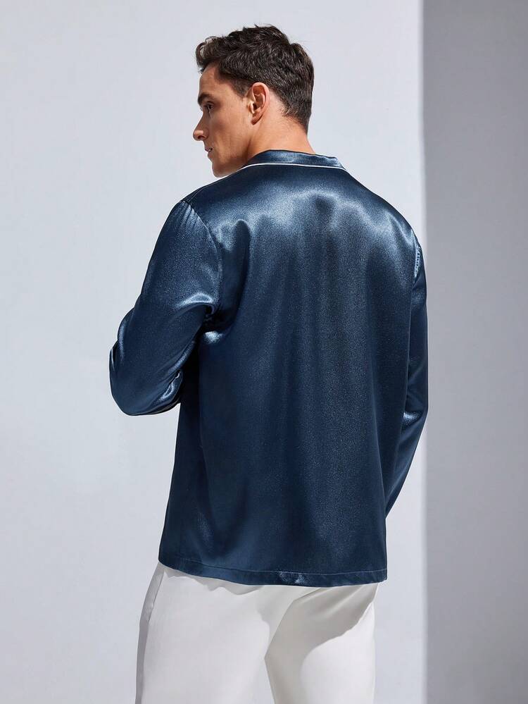 Men's Casual Long Sleeve Woven Shirt With Color Block & Contrast Trim