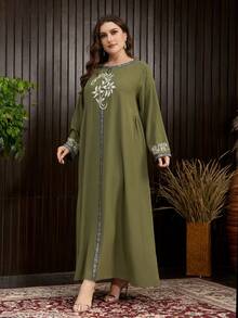 Al Najma Plus Size Women's Arabesque Print Ribbon Splicing Dress - Army Green - View 5