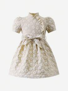 SHEIN Young Girls' Apricot Colored Puff Sleeved Hanfu With Floral Texture