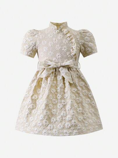 SHEIN Young Girls' Apricot Colored Puff Sleeved Hanfu With Floral Texture