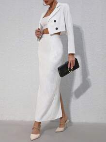 Chiquease Striped Short Lapel Suit Jacket And Strapless Top And Split Hem Skirt Set - Black and White - View 5