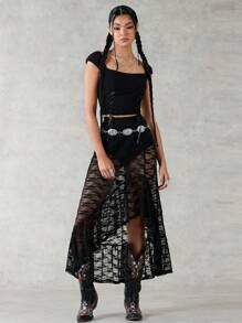 Forever 21 Falda Asimétrica Transparente De Encaje De Color Sólido Para Mujer Con Detalle De Volante