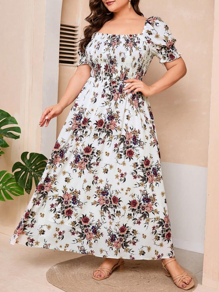 Plus Size Square Neck Floral Printed Cinching Waist Dress