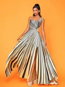 条纹高开叉长款优雅晚礼服 - 香檳色 - 查看 5